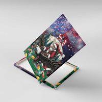 Stacked Christmas canvas prints showing Santa in red on a black eagle under fireworks