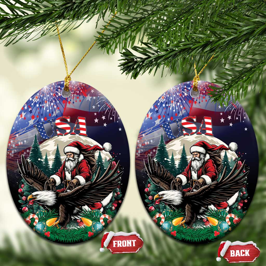 Round ceramic Christmas ornaments with Santa and eagle under USA stars, front and back labels, gold string