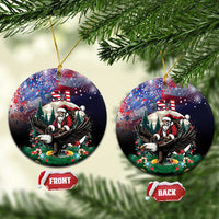 Round ceramic Christmas ornament set with Santa and eagle under USA stars, gold hanging string