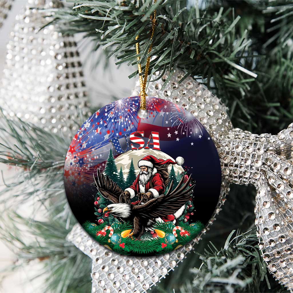 Round ceramic Christmas ornament with Santa and eagle, USA stars burst design, gold hanging string