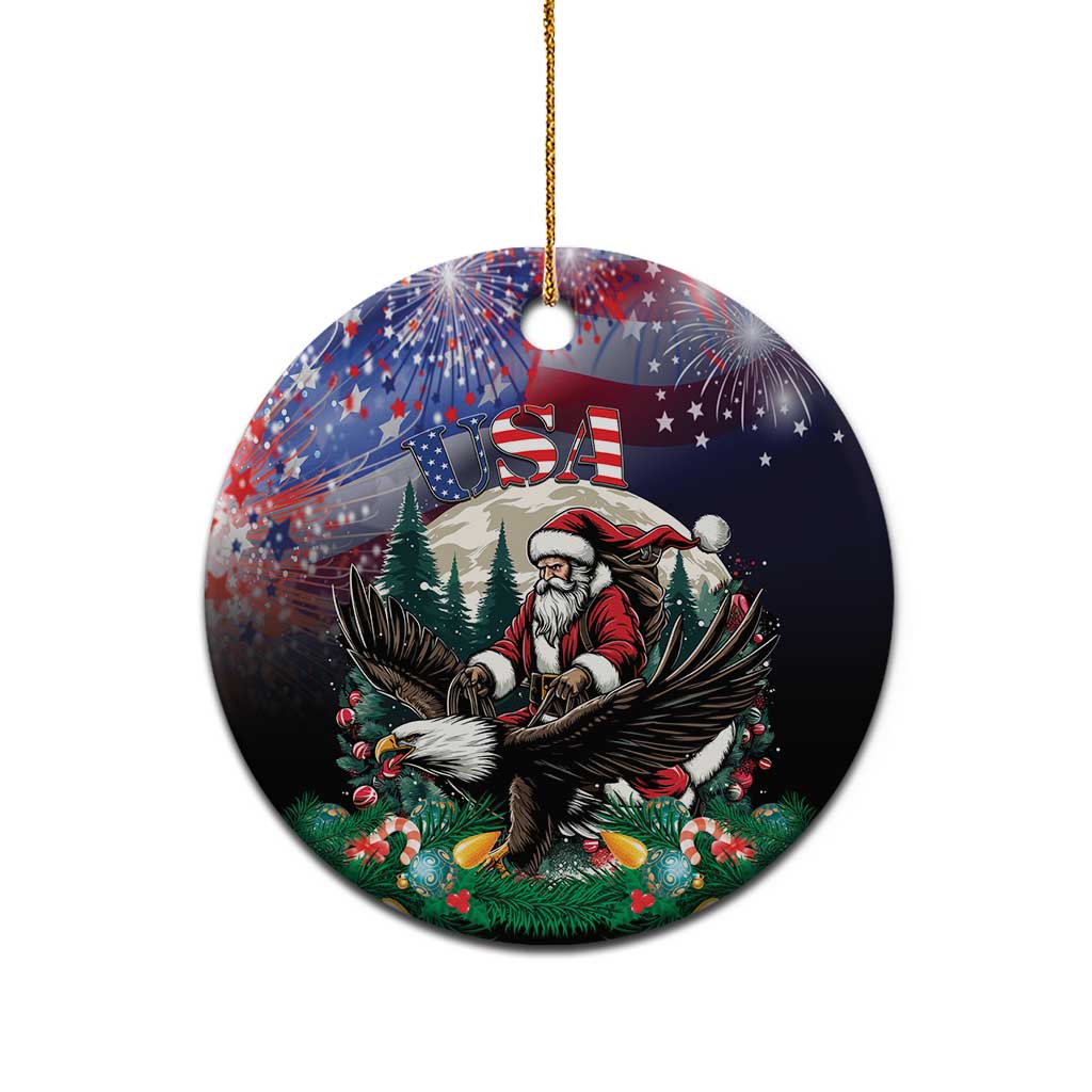 Round ceramic Christmas ornament with Santa and eagle scene, USA stars and stripes, gold string