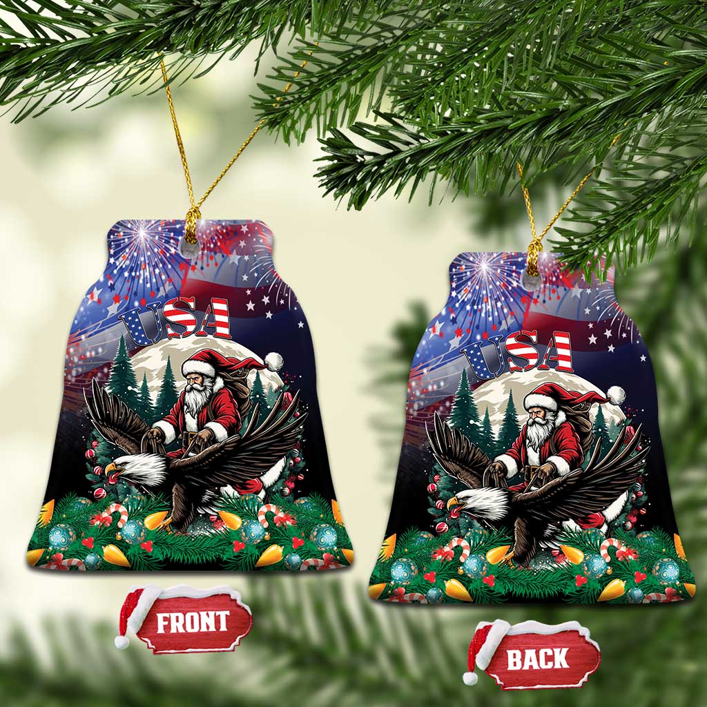 Bell-shaped ceramic Christmas ornament with Santa and eagle under USA stars, gold hanging string