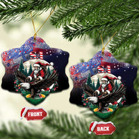 Star-shaped ceramic Christmas ornament with Santa and eagle under USA stars, gold hanging string