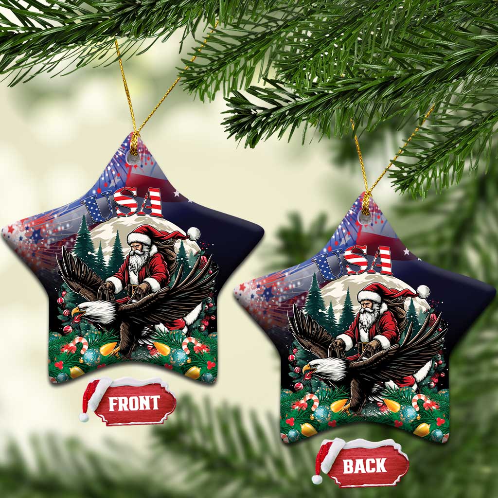 Star-shaped ceramic Christmas ornament with Santa and eagle, USA stars and stripes theme, gold string