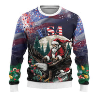Christmas sweater, dark base with USA emblem and Santa on eagle, ribbed crew neck