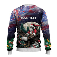 Christmas sweater, dark back with 'YOUR TEXT' and Santa riding an eagle, ribbed hem