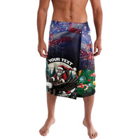 Dark blue personalized Christmas lavalava with Santa and eagle graphic, elastic waistband