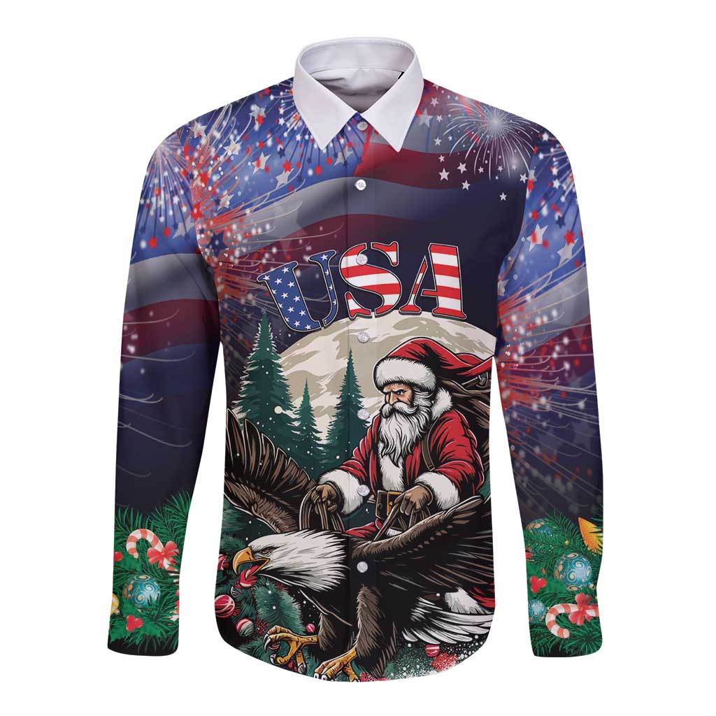 Dark long-sleeve button shirt with Santa, USA graphic, stars and fireworks