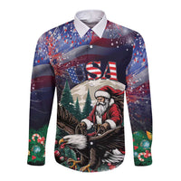 Dark long-sleeve button shirt with Santa, USA graphic, stars and fireworks