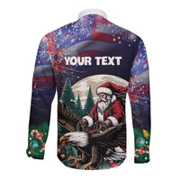 Dark long-sleeve button shirt with YOUR TEXT on back and Santa illustration