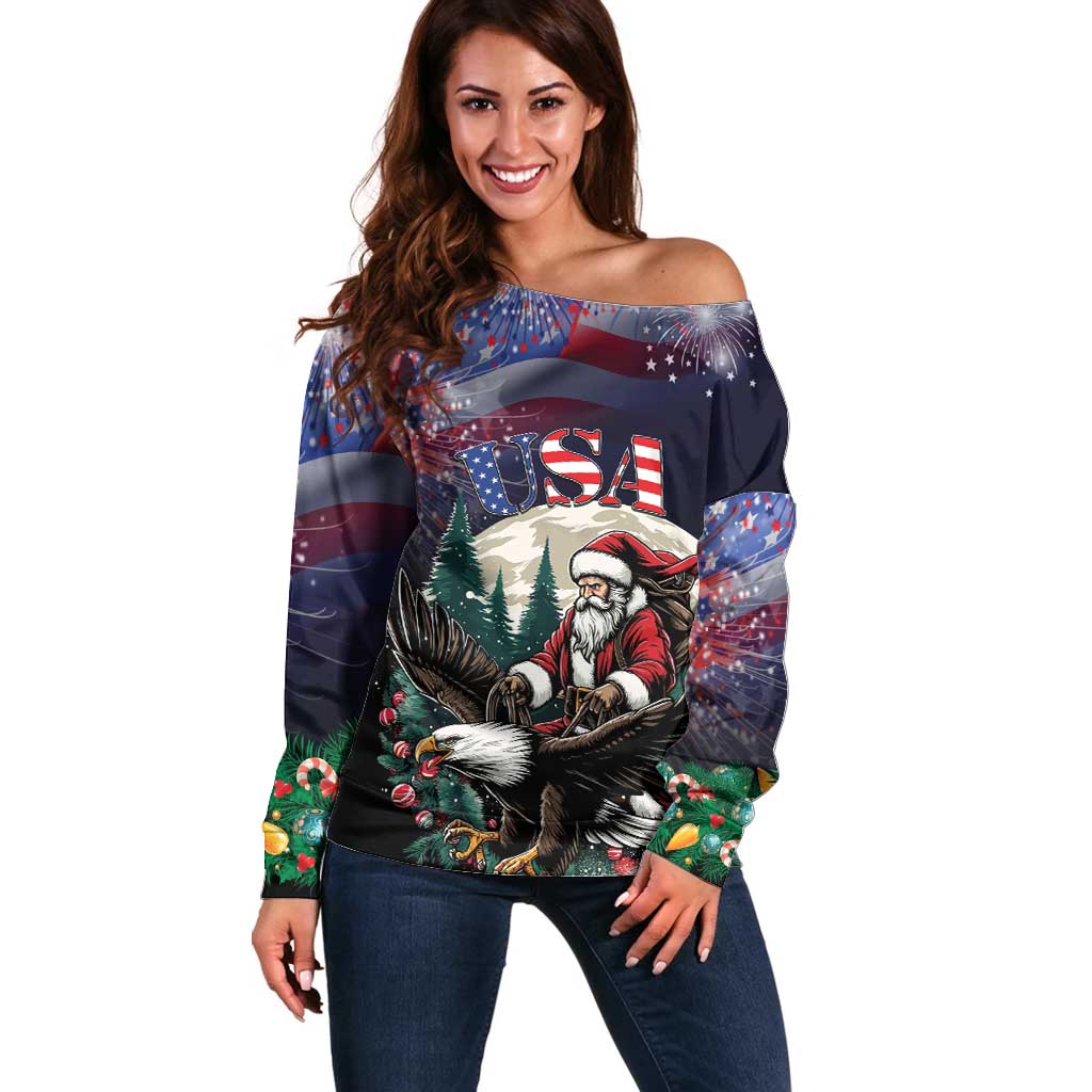 Personalized USA Christmas Off Shoulder Sweater Santa Claus With Eagle