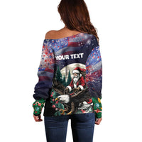 Women’s off-shoulder Christmas sweater back with YOUR TEXT and Santa eagle art