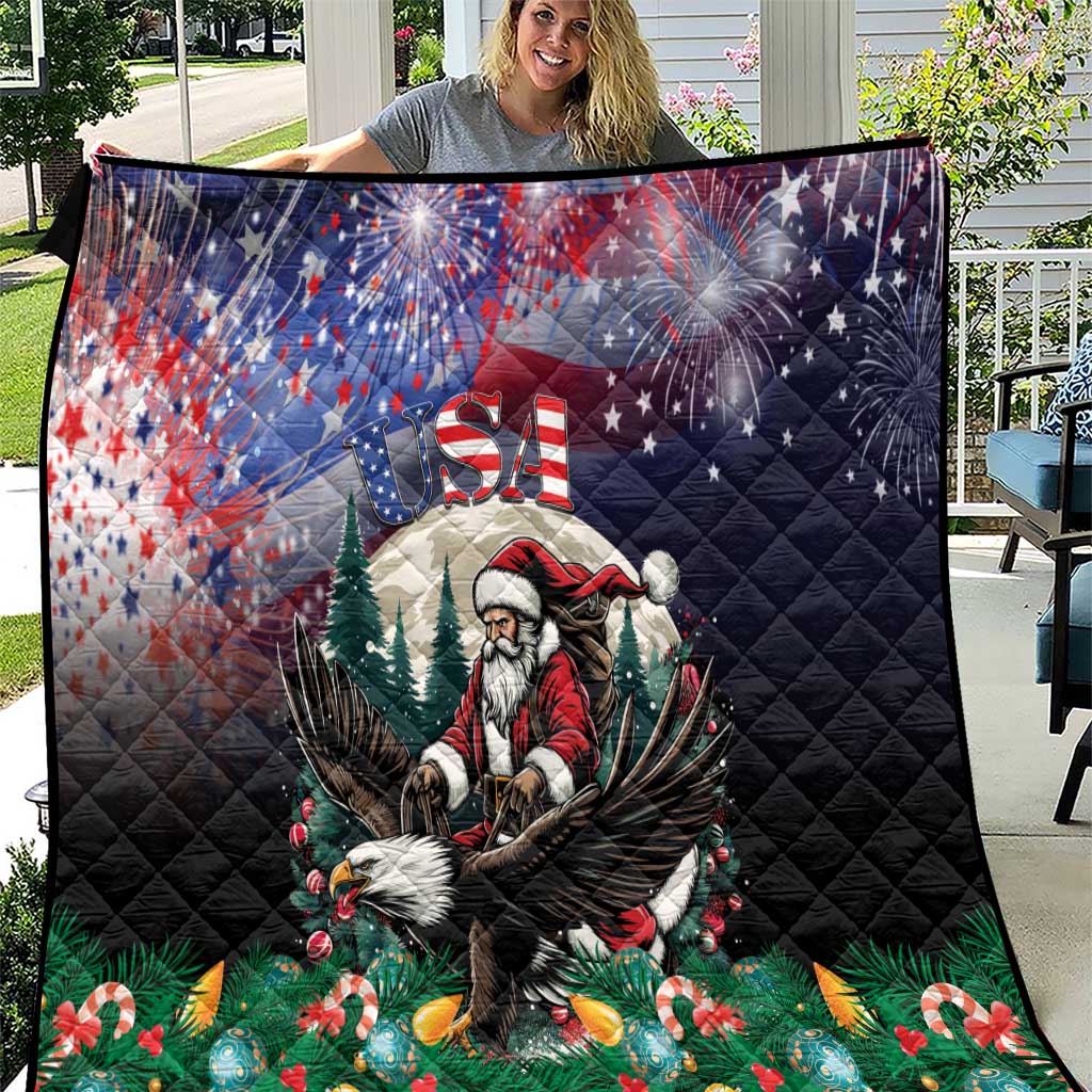 Black Christmas quilt with Santa, eagle, US flag, stars, and green tree scene, quilted texture
