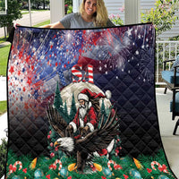 Black Christmas quilt with Santa, eagle, US flag, stars, and green tree scene, quilted texture
