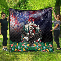Black holiday quilt featuring Santa and eagle with US flag, stars, and colorful ornaments border
