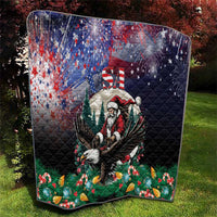 Black Christmas quilt with Santa and eagle centered, US flag backdrop, stars and green trees