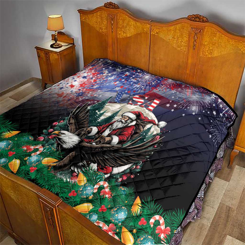Black quilt laid on bed with Santa-eagle artwork, US stars, and green holiday scenery