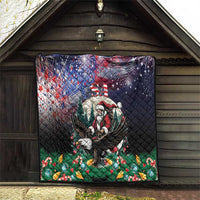 Black Christmas quilt hanging on wall, Santa and eagle with US flag, stars, and pine trees