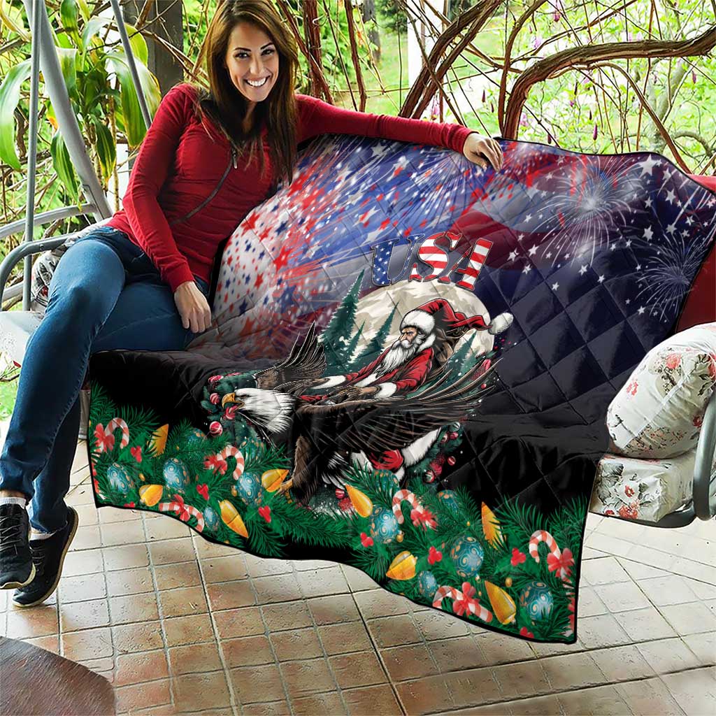 Black quilt showing Santa riding eagle, US stars and stripes, and festive green foliage