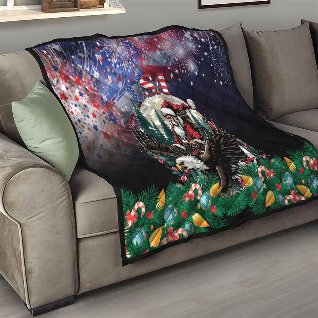 Black Christmas quilt on couch showing Santa and eagle, US stars, fireworks, and holiday greens
