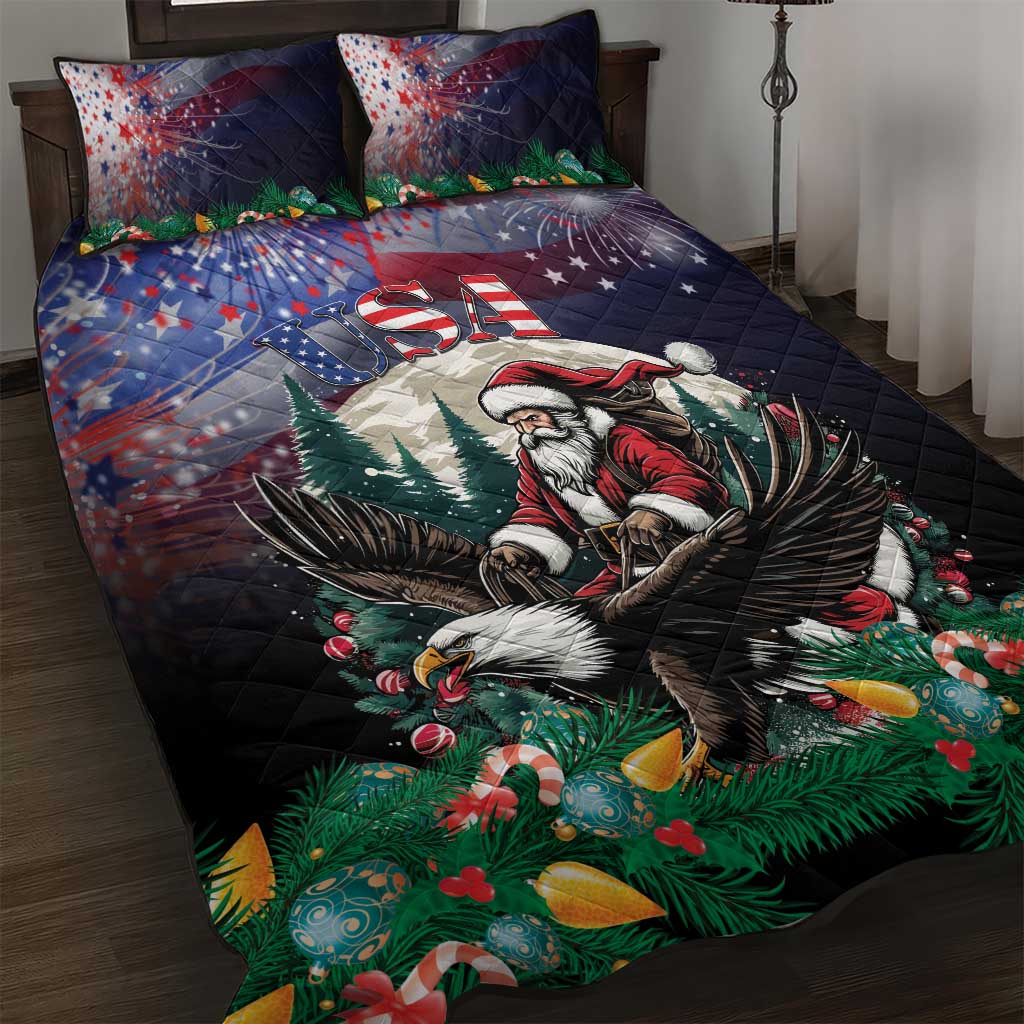 USA Christmas Quilt Bed Set Santa Claus With Eagle - Wonder Print Shop