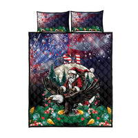 Christmas quilt bed set with Santa and eagle graphics on dark navy/black quilt and pillows