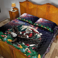 Christmas quilt bed set featuring Santa and eagle, dark navy/black quilt with two pillows