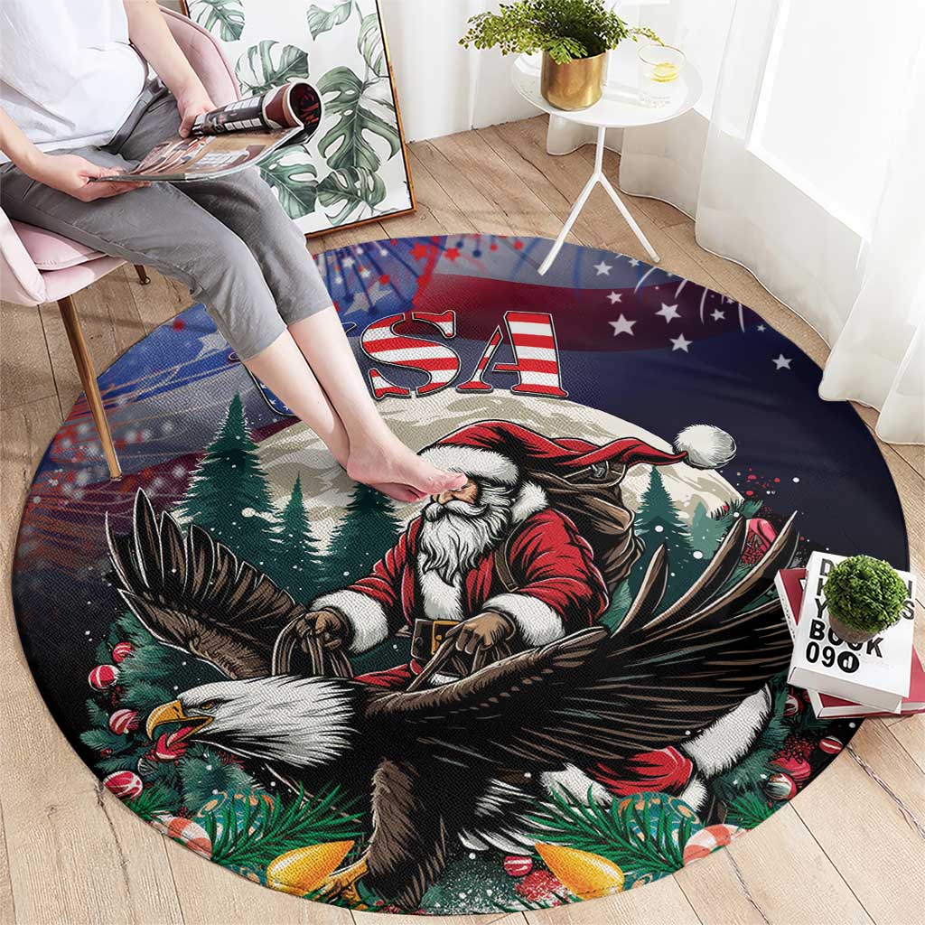 Round Christmas carpet rug with Santa and eagle, USA lettering, dark navy/black border