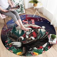 Round Christmas carpet rug with Santa and eagle, USA lettering, dark navy/black border