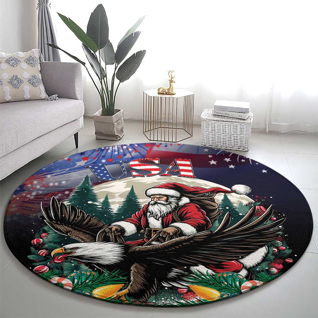Round Christmas round rug with Santa and eagle, USA and stars graphic, dark base