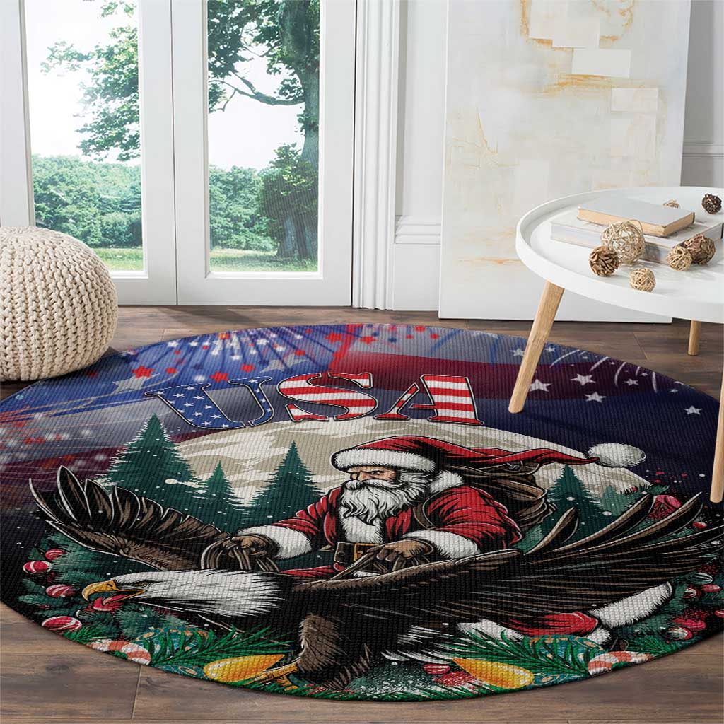 Round Christmas carpet rug with Santa riding eagle, USA and star pattern on dark base