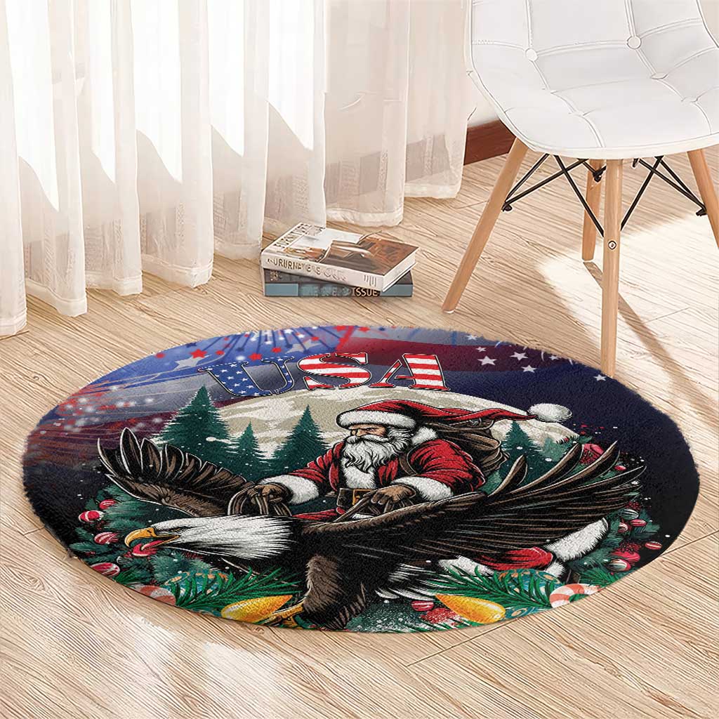 Round Christmas area rug with Santa and eagle in trees, stars and USA text, dark base