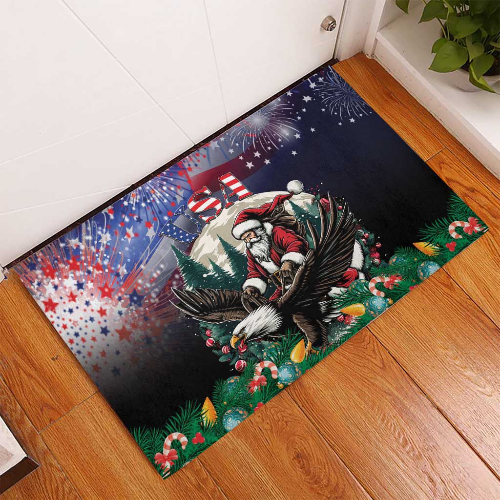 Black rubber doormat with Santa and eagle design, surrounded by stars, candy and greenery