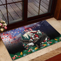 Black rubber Christmas doormat with Santa riding an eagle amid stars and fireworks
