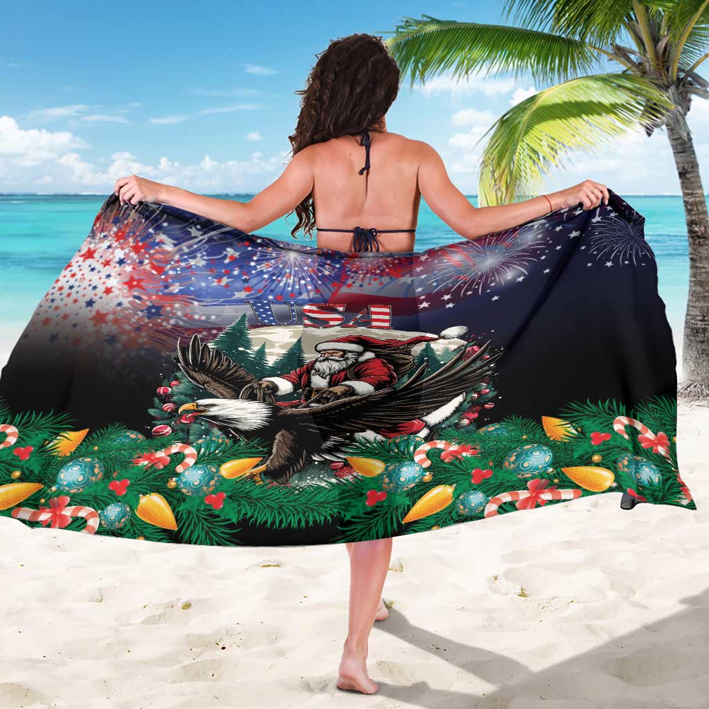 Black Christmas sarong with large Santa and eagle illustration, spread across shoulders
