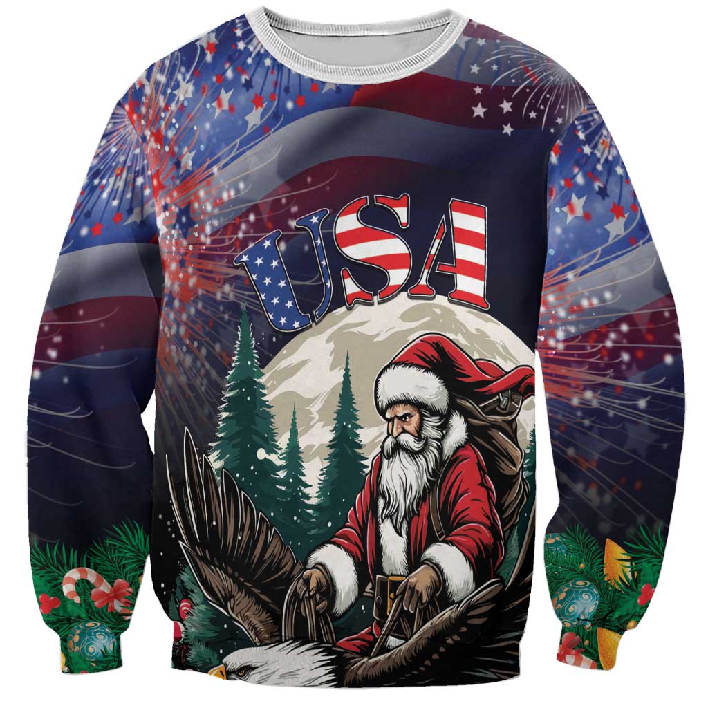 Unisex navy Christmas sweatshirt with Santa, eagle, and USA graphic on front