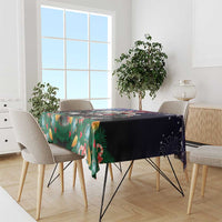 Rectangular Christmas tablecloth with dark base, pine foliage and starry accents