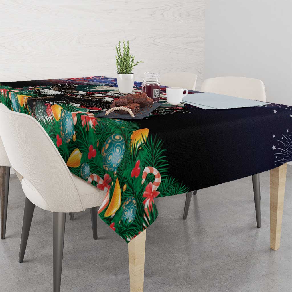 Rectangular Christmas tablecloth draped on table, dark base with pine and bell motifs
