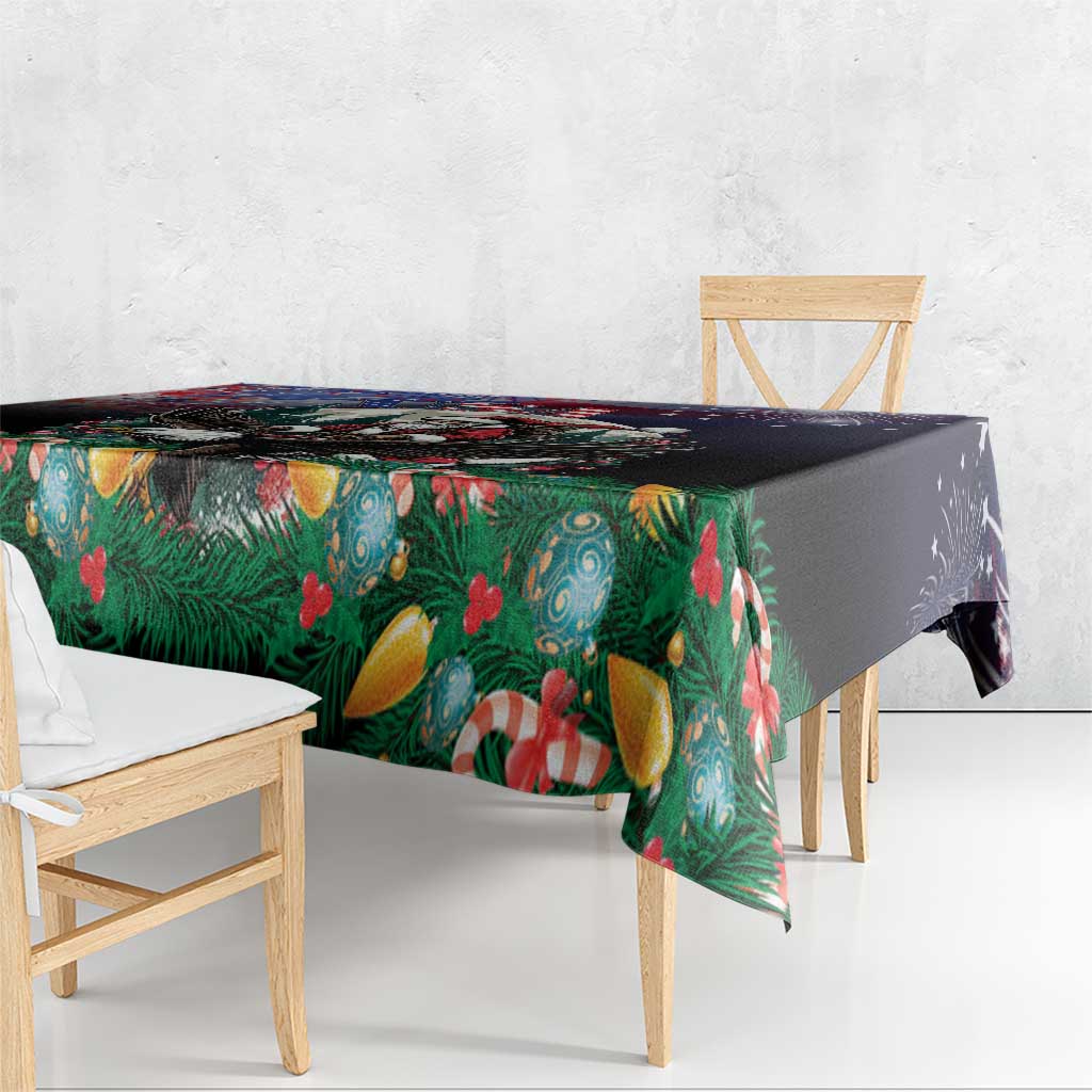 Rectangular Christmas tablecloth with dark base, pine leaves and gold-striped accents
