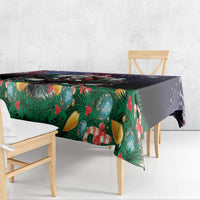 Rectangular Christmas tablecloth with dark base, pine leaves and gold-striped accents