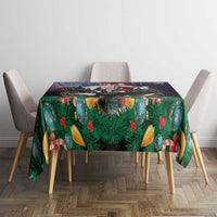 Rectangular Christmas tablecloth, dark background with pine branches and red berries