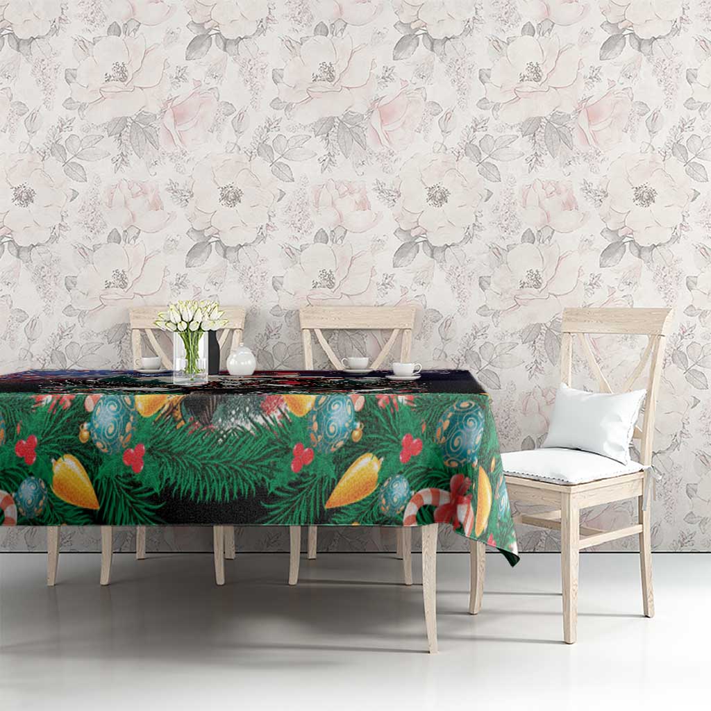 Rectangular Christmas tablecloth, dark background with green pine and colorful holiday leaves