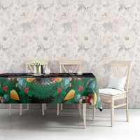 Rectangular Christmas tablecloth, dark background with green pine and colorful holiday leaves