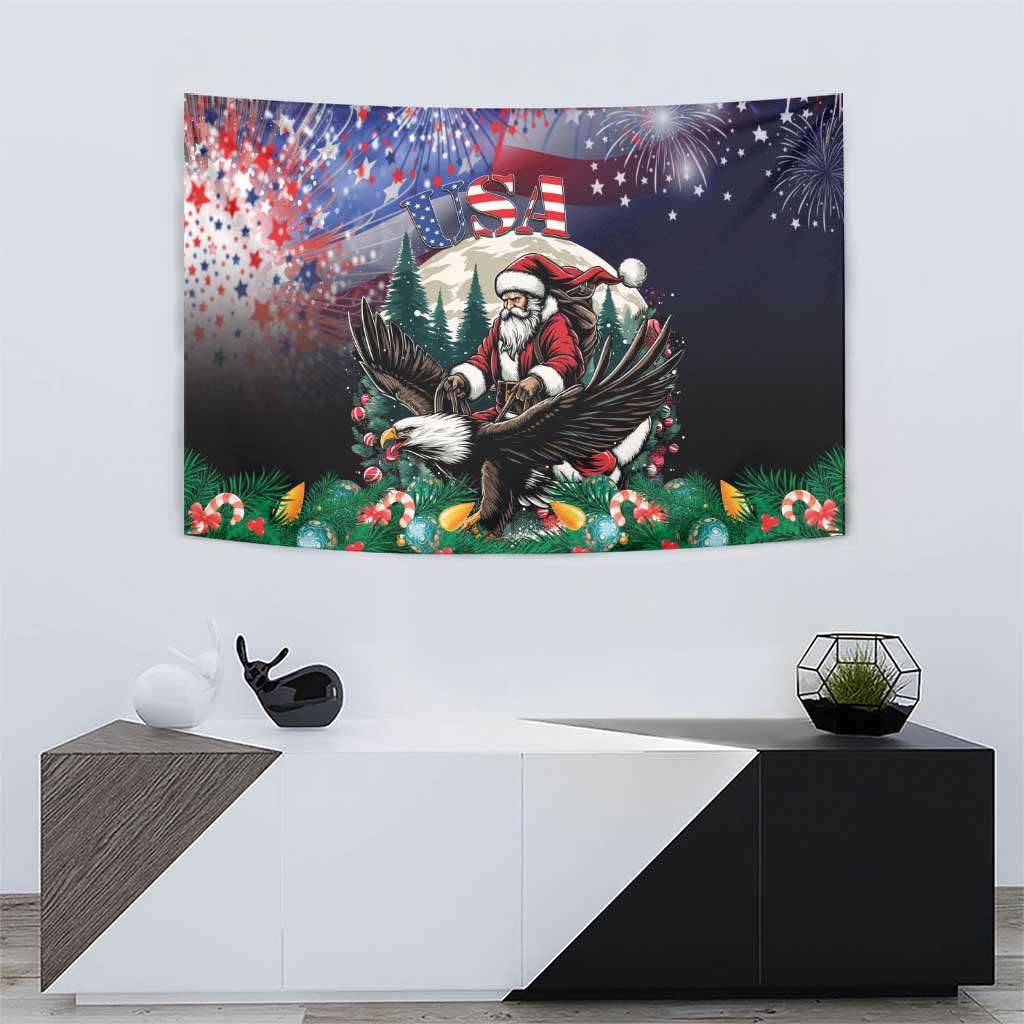 Santa and eagle Christmas tapestry with USA banner, fireworks, stars, and pine tree decor