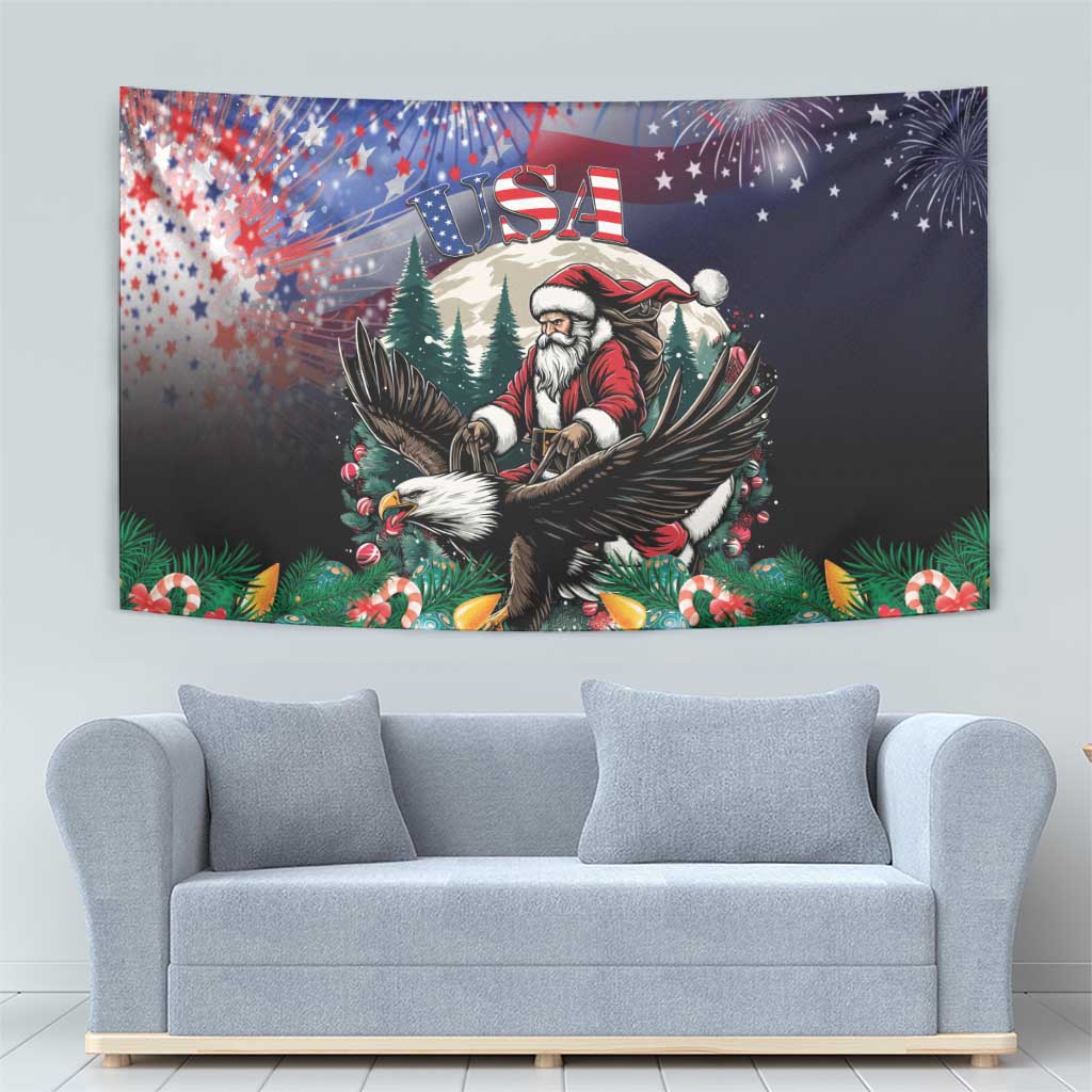 Santa and eagle Christmas tapestry with USA lettering, fireworks, and festive ornament border