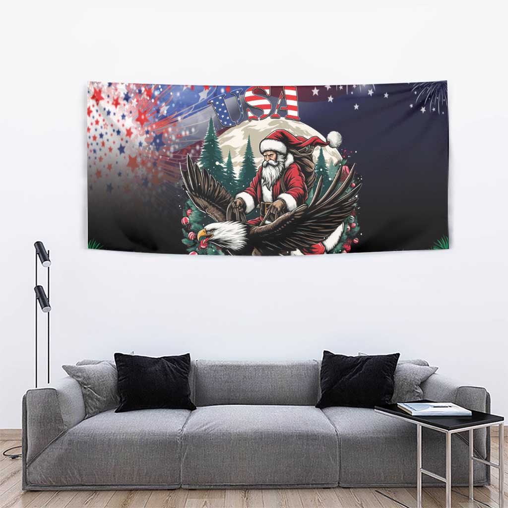 Santa and eagle Christmas tapestry showing Santa riding the eagle with USA lettering