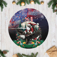 Round black Christmas tree skirt with USA eagle Santa design, no visible fringe
