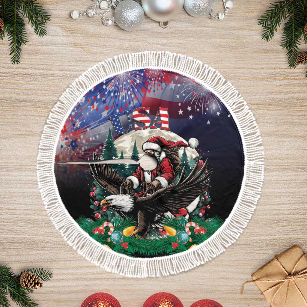 Round black Christmas tree skirt with USA eagle Santa panel and white fringed edge