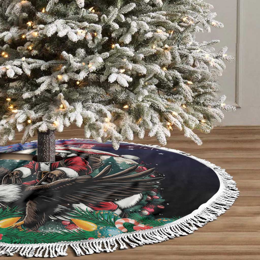 Round black Christmas tree skirt with USA eagle Santa graphic and white fringed border