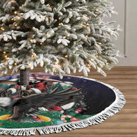 Round black Christmas tree skirt with USA eagle Santa graphic and white fringed border